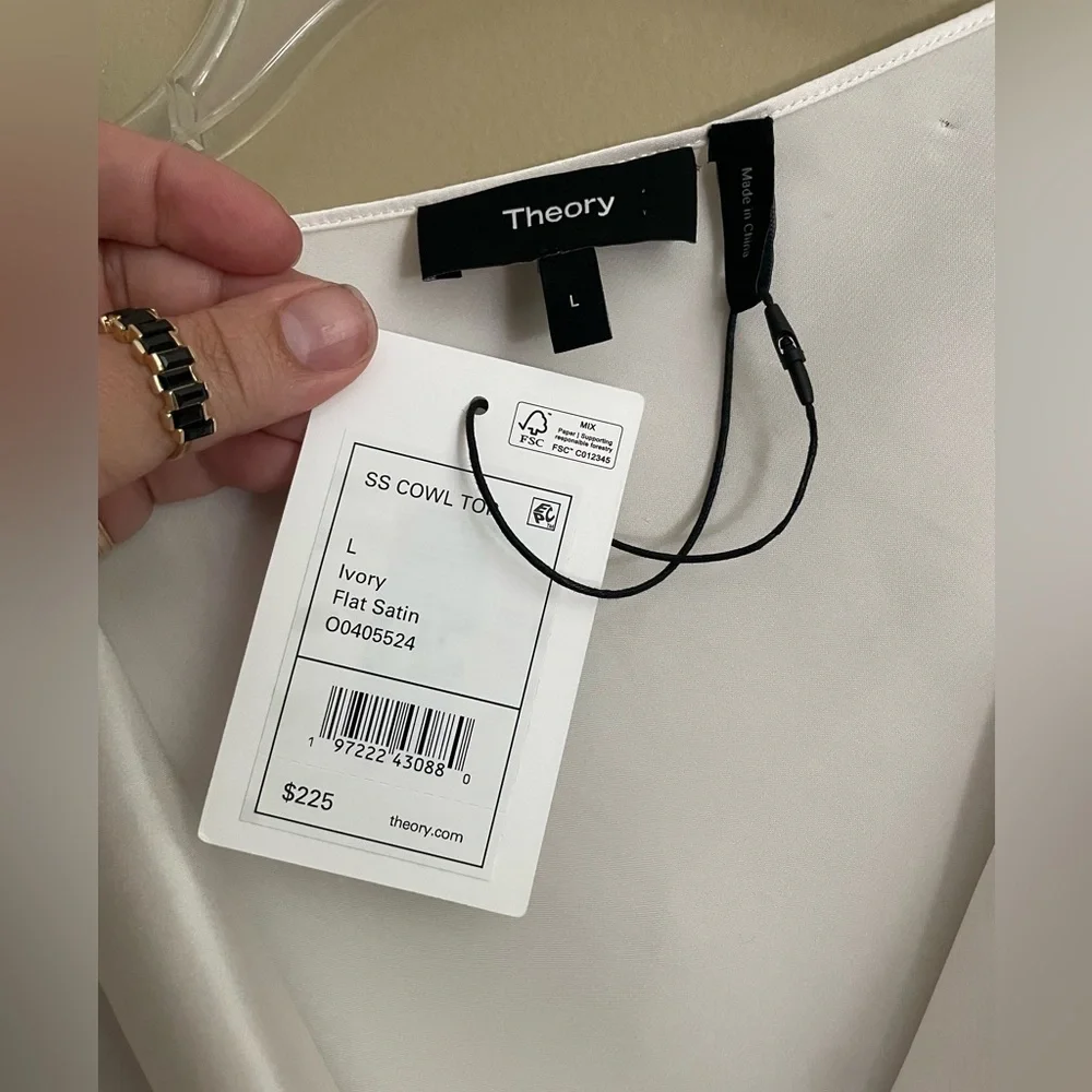 THEORY 
Cowl Neck Top in Crushed Satin 
Flat Ivory
Sz. L - Picture 5 of 7